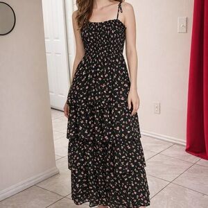 Black Floral Smocked Maxi Dress with Pink Print
